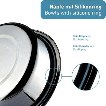 Edelstahlnäpfe mit schwarzem Silikonring; Text lautet 'Näpfte mit Silikonring', 'Kein Klappern', 'Kein Verrutschen'.