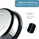 Edelstahlnäpfe mit schwarzem Silikonring; Text lautet 'Näpfte mit Silikonring', 'Kein Klappern', 'Kein Verrutschen'.