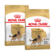 Zwei Säcke Royal Canin Adult Deutscher Schäferhund Hundefutter, mit einem Bild eines Deutschen Schäferhundes auf der Vorderseite und Nährwertangaben.