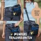 Eine Frau in einem blauen Oberteil und grauen Jeans hält eine Leckerlitasche für Haustiere mit Gürtel-, Schulter- und Hüftoptionen. Text: 'MEHRERE TRAGEVARIANTEN.'