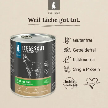 Liebesgut-Hundefutterdose (Pferd für Hunde) mit Pferdeillustration und Text ‚Weil Liebe gut tut.‘ Sichtbare Kennzeichnung: Glutenfrei