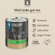 Liebesgut-Hundefutterdose (Pferd für Hunde) mit Pferdeillustration und Text ‚Weil Liebe gut tut.‘ Sichtbare Kennzeichnung: Glutenfrei