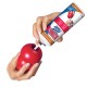 A hand holds a red KONG toy while another hand squeezes a can of KONG stuffing, ready to fill the toy.