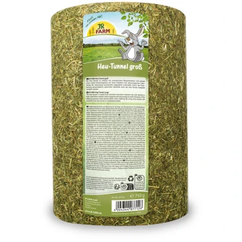 Emballage cylindrique JR FARM Heu-Tunnel grand pour petits animaux, avec un lapin de dessin animé et des informations nutritionnelles sur l'étiquette.