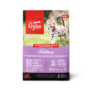 Orijen Kitten kattenvoerzak met een speelse kitten op gras, met de nadruk op "90% kwaliteitsdierlijke ingrediënten" en "vers of rauw."