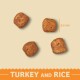 Four pieces of dry pet food kibble labeled "Turkey and Rice," each approximately 6.5 mm in size, on a light beige background.