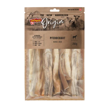 DeliBest Origin Pferdehaut-Hundeleckerlis in einer 200g-Packung, mit weichen, mittleren und harten Texturoptionen, beschriftet in Deutsch und Englisch.