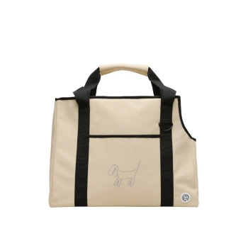 Beige Haustiertragetasche mit schwarzen Riemen, mit einer einfachen grauen Umrisszeichnung eines Hundes auf der Vorderseite.