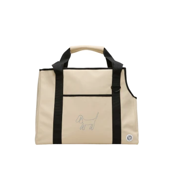 Beige Haustiertragetasche mit schwarzen Riemen, mit einer einfachen grauen Umrisszeichnung eines Hundes auf der Vorderseite.