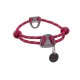 Ein lebhaft pink- und gelbgeflochtener Hundehalsband von Ruffwear, mit einem Metallverschluss und einem Anhänger mit dem Markennamen.