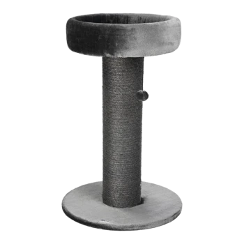 Arbre à chat gris avec un sommet en peluche ronde, un poteau à gratter en sisal, et une base douce, idéal pour le jeu et le repos des félins.