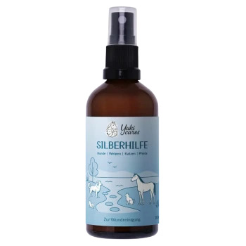 Braune Glas-Sprühflasche mit der Aufschrift "Yuki cares Silberhilfe", enthält kolloidales Silber, 100 ml.