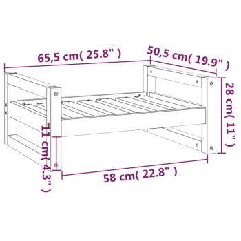 Illustration eines Haustierbettes mit beschrifteten Abmessungen: 65,5 cm (25,8'), 50,5 cm (19,9'), 28 cm (11') und 11 cm (4,3').