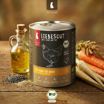 Dose Liebesgut Bio-Huhn Hundefutter mit Hühnerzeichnung, BIO-Label, Karotten, Öl und Samen