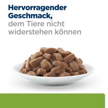 Nassfutter in Soße auf einem weißen Teller aufgetürmt; Überschrift lautet: 'Ausgezeichneter Geschmack, dem Tiere nicht widerstehen können'.