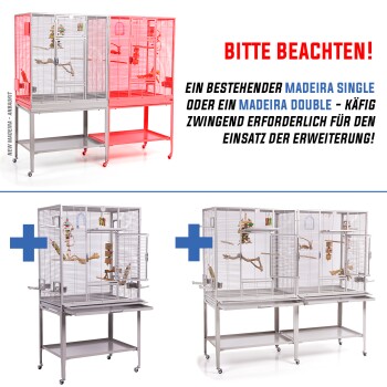 Tierkäfig-Setup mit einer roten Madeira-Erweiterung auf einer silbernen Basis; benötigt bestehende Madeira Einzel- oder Doppelkäfige zur Erweiterung.