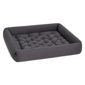 Graues rechteckiges Haustierbett mit gepolstertem Design und erhöhten Kanten, ideal für Hunde oder Katzen.