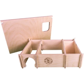 Holz-Haustierhaus-Kit mit abnehmbarem Dach, mit Fächern und einem runden Eingang, mit einem Hasenlogo versehen.