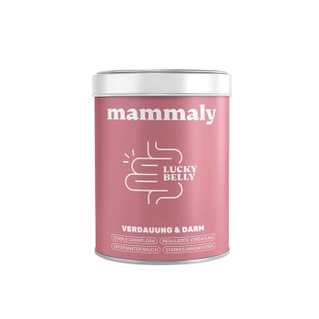 Rosafarbene Dose mit Aufschrift 'mammaly', 'LUCKY BELLY'-Darm-Icon, 'VERDAUUNG & DARM' und deutschen Vorteilsangaben.