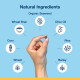 Hand holding kibble pellet with "Natural Ingredients" and icons listing organic seaweed, olive oil, rice, barley, wheat, corn