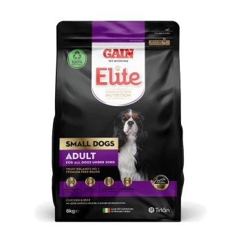 6kg bag of Gain Elite Complete Dog Nutrition for small dogs, featuring a Cavalier King Charles Spaniel and highlighting hypoallergenic benefits.