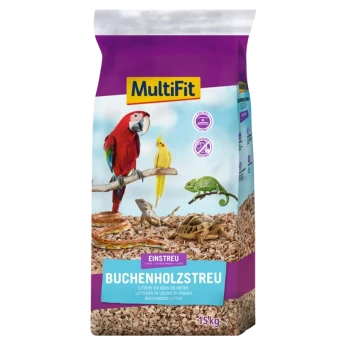 Un sac de 15 kg de litière MultiFit en bois de hêtre, présentant un design coloré avec un perroquet, un canari, un caméléon et une tortue sur le devant.