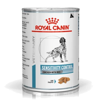 Royal Canin Veterinär-Dosenfutter für Hunde, beschriftet mit "Sensitivity Control" mit Huhn und Reis, mit einer Hundillustration und Nährwertangaben.