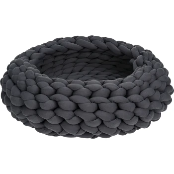 Ein gemütliches, rundes Haustierbett aus dickem, geflochtenem Stoff in Dunkelgrau, mit einem weichen, plüschigen Innenraum für Komfort.