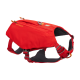 Rotes Hundegeschirr von Ruffwear, mit verstellbaren Riemen und einem gepolsterten Design für Komfort.