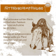 Illustration eines Pferdes mit Fütterungshinweisen: eine Leckmasse zur freien Aufnahme bereitstellen und tägliche Mengen von 100-200g pro Pferd.