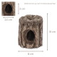 Hohles Rindenstamm-Versteck für Tiere mit ovalem Eingang; beschriftet mit 10 cm × 8 cm und 2,5 cm Öffnung; sichtbarer Text 'Maße können je nach Produkt abweichen.'