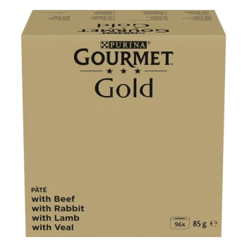Eine Box mit Purina Gourmet Gold Pâté Katzenfutter, mit den Geschmacksrichtungen: Rind, Kaninchen, Lamm und Kalb; enthält 96 Dosen mit je 85g.
