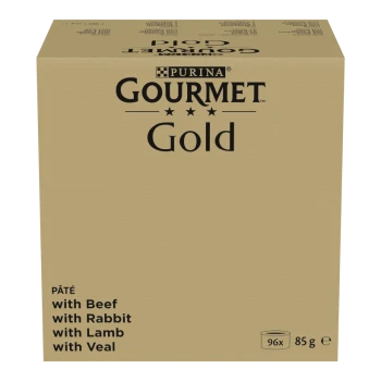 Eine Box mit Purina Gourmet Gold Pâté Katzenfutter, mit den Geschmacksrichtungen: Rind, Kaninchen, Lamm und Kalb; enthält 96 Dosen mit je 85g.