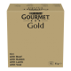 Boîte de pâté pour chat Purina Gourmet Gold, présentant des saveurs : bœuf, lapin, agneau et veau ; contient 96 boîtes de 85g chacune.
