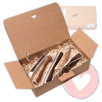 Offene Kraft-Geschenkbox mit Papierstreu und mehreren halbierten Geweih-Kausnacks; Deckel zeigt 'FOURLEGS'.