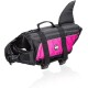 Eine schwarze und rosa Hundeschwimmweste mit einem Haifischflossen-Design, mit verstellbaren Riemen und einem Griff oben für einfaches Anheben.