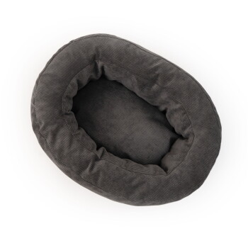 Draufsicht auf ein ovales, dunkelgraues Cord-Donut-Katzenbett mit erhöhtem, gepolstertem Rand und vertieftem Zentrum vor weißem Hintergrund.