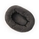 Draufsicht auf ein ovales, dunkelgraues Cord-Donut-Katzenbett mit erhöhtem, gepolstertem Rand und vertieftem Zentrum vor weißem Hintergrund.