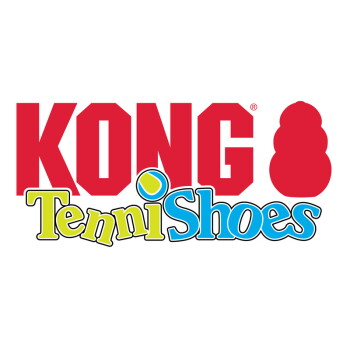 Logo KONG na czerwono z sylwetką zabawki KONG i kolorowym napisem TenniShoes z kropką w kształcie piłki tenisowej