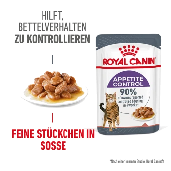 Royal Canin Appetitkontrolle Katzenfutterbeutel neben einem Teller mit Nassfutter, der 90% Zufriedenheit der Besitzer und Kontrolle des Bettelverhaltens hervorhebt.