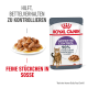 Royal Canin Appetitkontrolle Katzenfutterbeutel neben einem Teller mit Nassfutter, der 90% Zufriedenheit der Besitzer und Kontrolle des Bettelverhaltens hervorhebt.