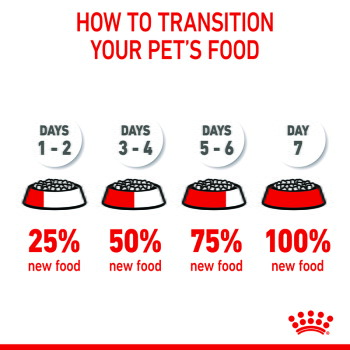How to transition your pet's food infographic: Days 1-2 25% new; Days 3-4 50%; Days 5-6 75%; Day 7 100% new.