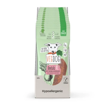 VEGDOG Dentals XL Hundesnacks, mit einer grünen und pinken Verpackung mit einem Hundelogo, das Zutaten wie Tapioka und Rote Beete hervorhebt.