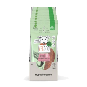 VEGDOG Dentals XL Hundesnacks, mit einer grünen und pinken Verpackung mit einem Hundelogo, das Zutaten wie Tapioka und Rote Beete hervorhebt.