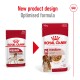 Royal Canin Medium Adult dog food packaging comparison, featuring new design and optimized formula, highlighting muscle mass support.