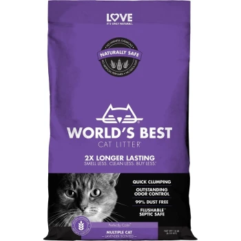 Cat Litter Multiple Lavendel 3,18 kg Lila Tasche mit "Weltbeste Katzenstreu", mit einer Katzen-Grafik, die behauptet, 2x länger haltbar, schnell klumpend und lavendelfrisch zu sein.