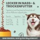 Ein lächelnder sibirischer Husky neben einer Schüssel mit Haustierfutter, mit Text, der Fütterungsrichtlinien basierend auf dem Gewicht des Hundes und der täglichen Dosierung detailliert.