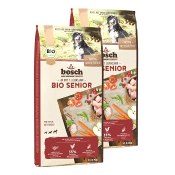 Bosch Bio Senior Hundefutterverpackung, mit einem schwarzen Hund, mit Text, der 'High Premium Concept', 'BIO SENIOR' und Nährwertangaben hervorhebt.