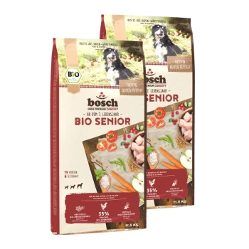 Bosch Bio Senior Hundefutterverpackung, mit einem schwarzen Hund, mit Text, der 'High Premium Concept', 'BIO SENIOR' und Nährwertangaben hervorhebt.