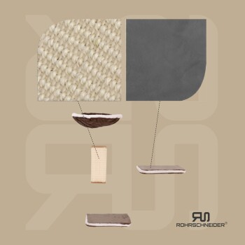 Ein Kratzbaum für Haustiere mit einem gewebten Sisal-Oberteil, weichen Stoffplattformen und einem gemütlichen Bett, mit dem Markenzeichen "ROHRSCHNEIDER."